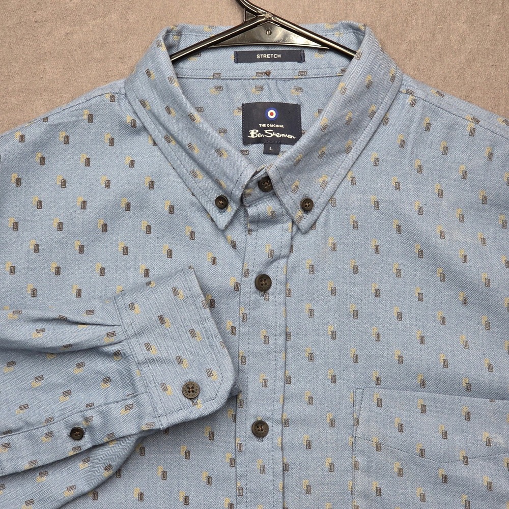 Ben Sherman Shirt Mens Large Stretch Blue Herringbone Geometric Button Down Mod